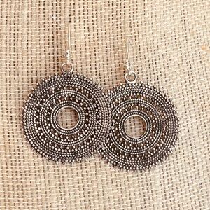 Elegant Silvertone Mandala Earrings, large and lightweight